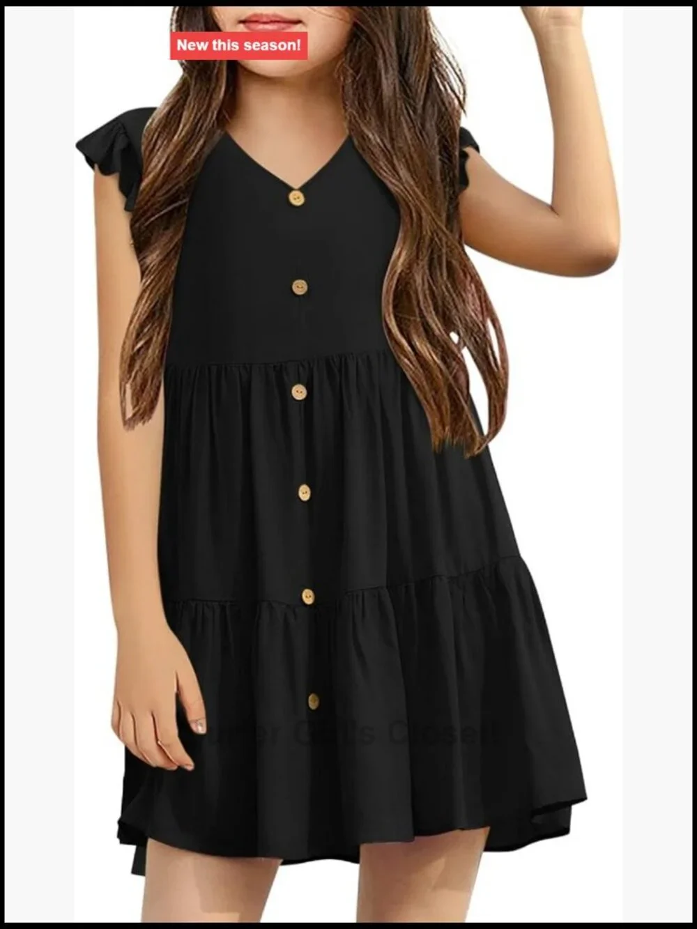 Kids V-Neck Button Down Tiered Swing A-Line Ruffle Sleeve Dress